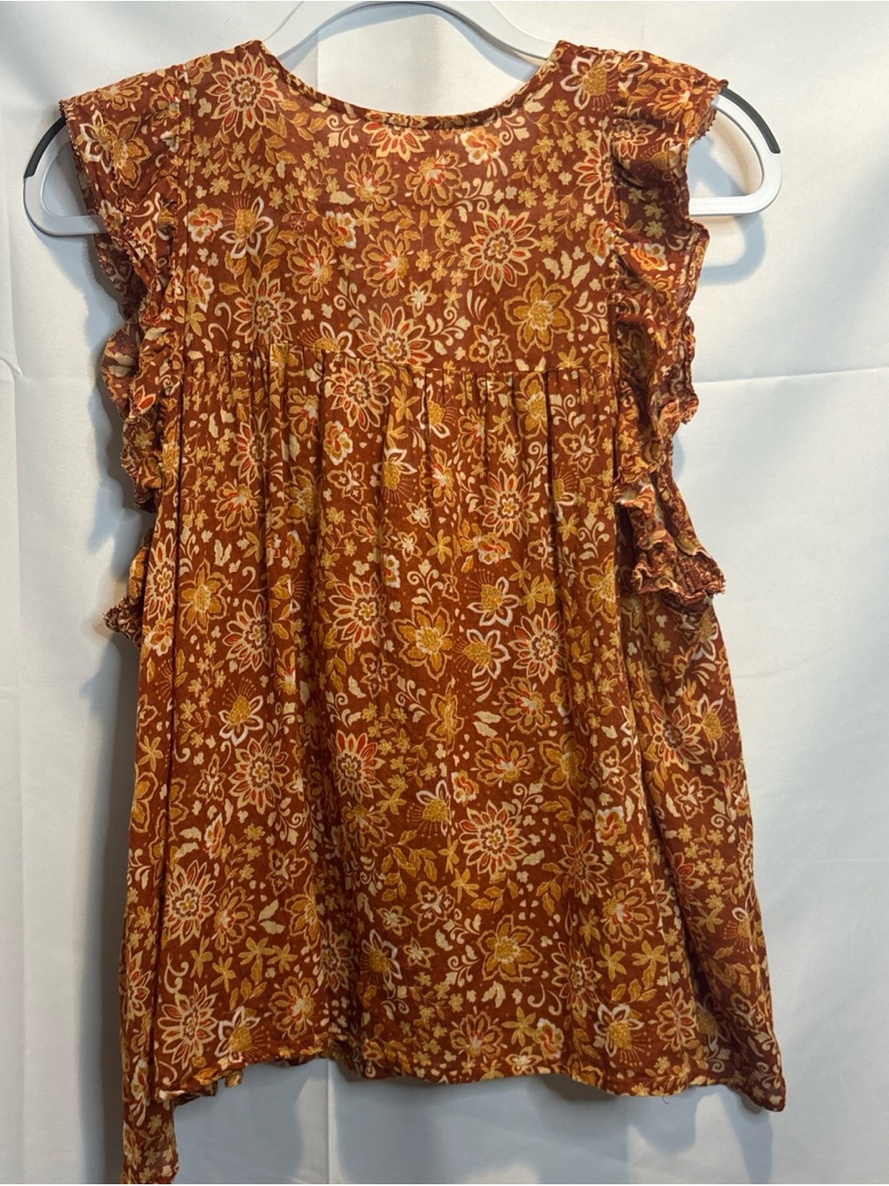 Sundry Rust and Mustard Floral Ruffle Tie-Front Sleeveless Blouse - Picture 8 of 9